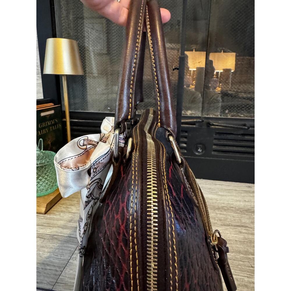 Extra Large Dooney Bourke Chestnut Croc Embossed Leather Satchel – Red Trim Bag - Picture 6 of 16